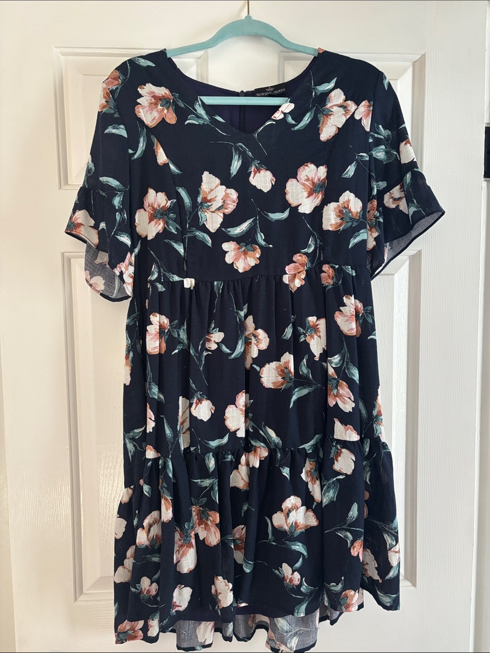 Nursing Queen Navy Floral Tiered Dress with secret nursing zippers